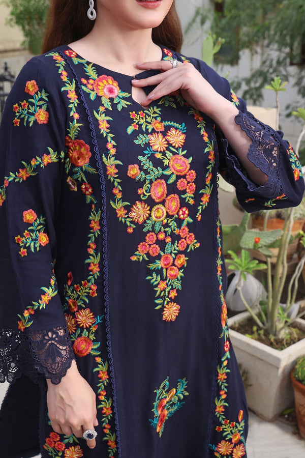 3PC DHANAK EMBROIDERED SHIRT WITH COURTRAI PRINTED SHAWL & TROUSERV676