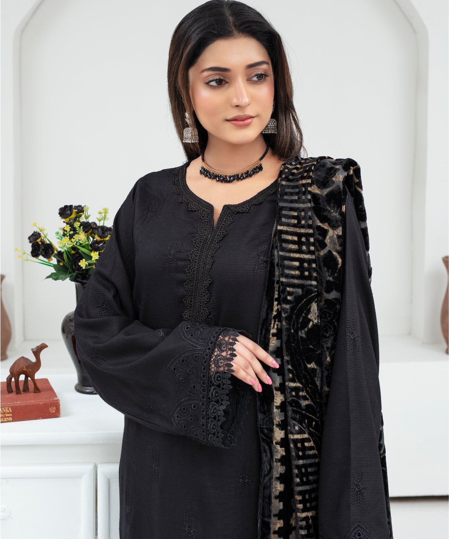 CREATION Dhanak 3PC Chikankari Embroidered Shirt With Velvet Plachi Shawl- 2107