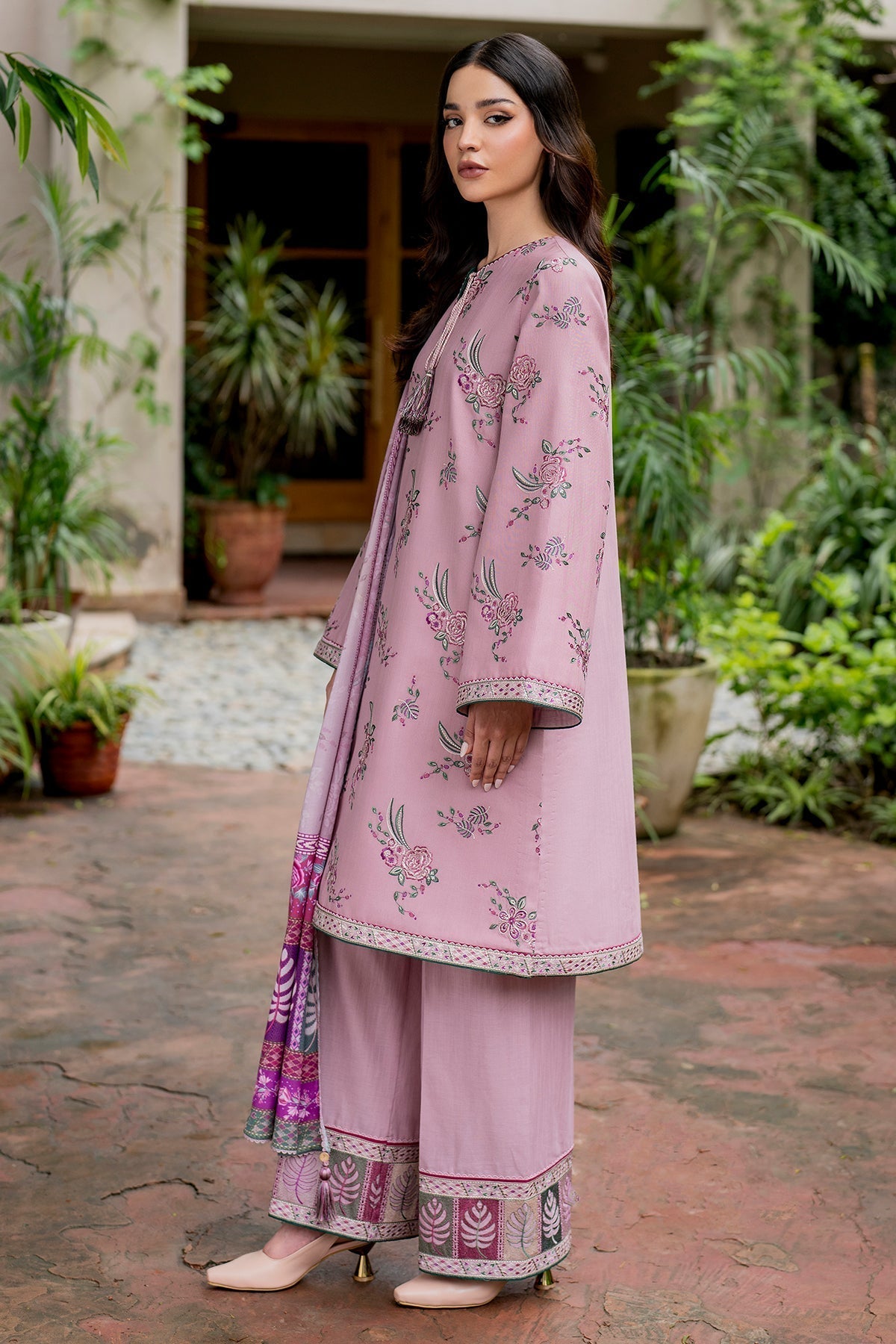 JAZMIN 3PC Dhanak Embroidered Shirt With Digital Printed Shawl-288