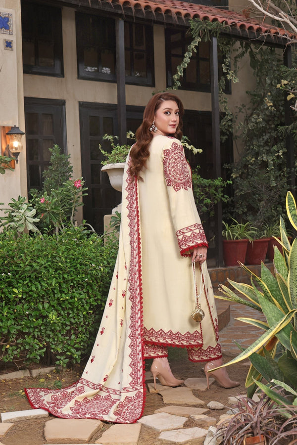 3PC DHANAK EMBROIDERED SHIRT WITH DHANAK EMBROIDERED SHAWL & TROUSER V672