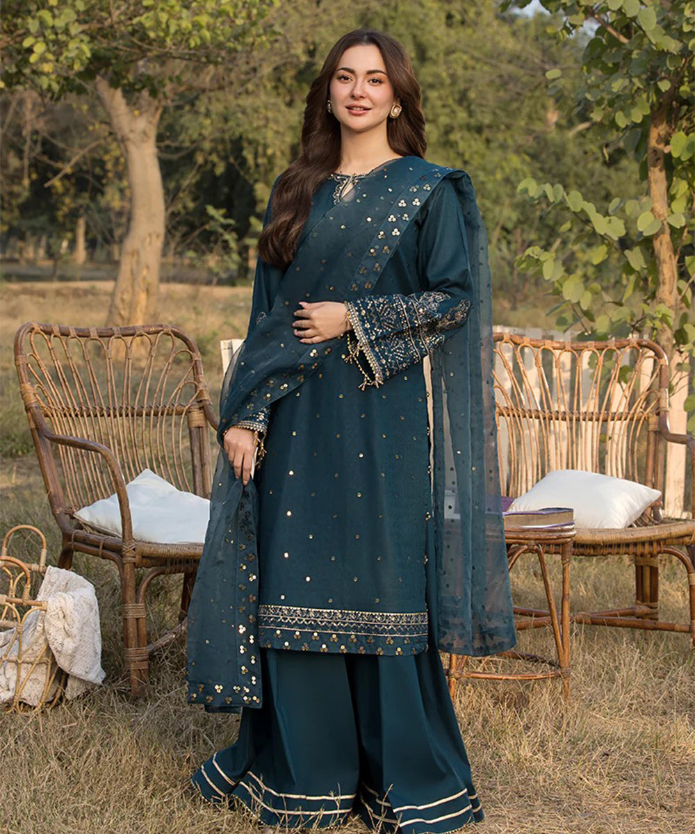 Lawn-3PC Embroidered Shirt with Organza Sequence Embroidered Dupatta- 1350