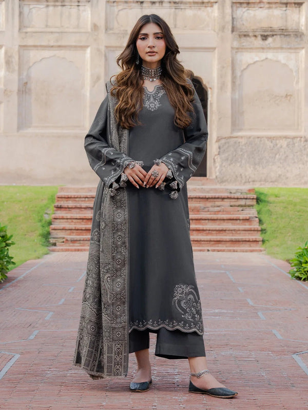 IZEL-3PC DHANAK EMBROIDERED SHIRT WITH WOOL PRINTED SHAWL & TROUSER 736