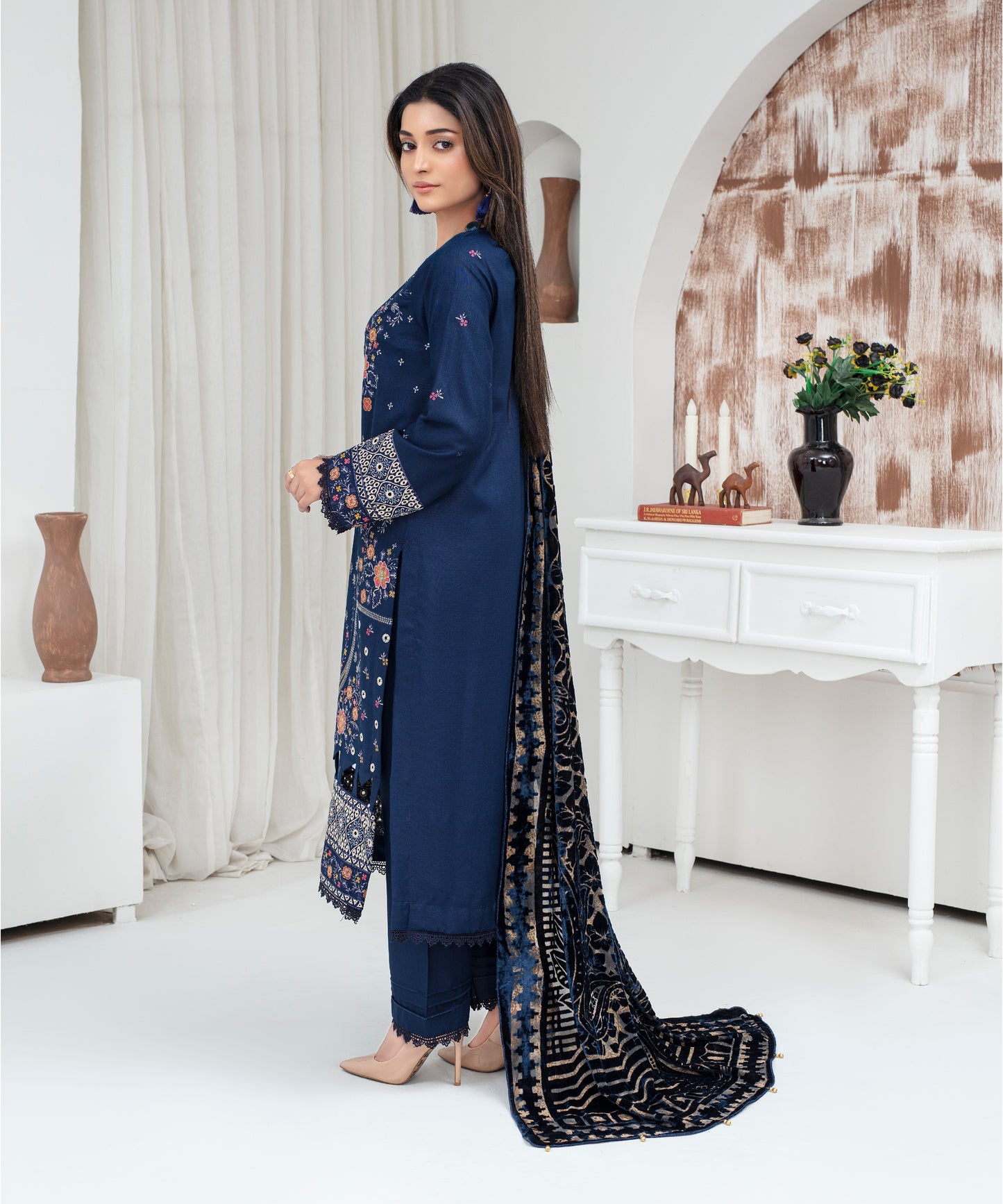 CREATION Dhanak 3PC Chikankari Embroidered Shirt With Velvet Plachi Shawl- 2103