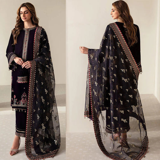 JAZMIN VELVET 3PC EMBROIDERED WITH ORGANZA EMBROIDERED DUPATTA-952