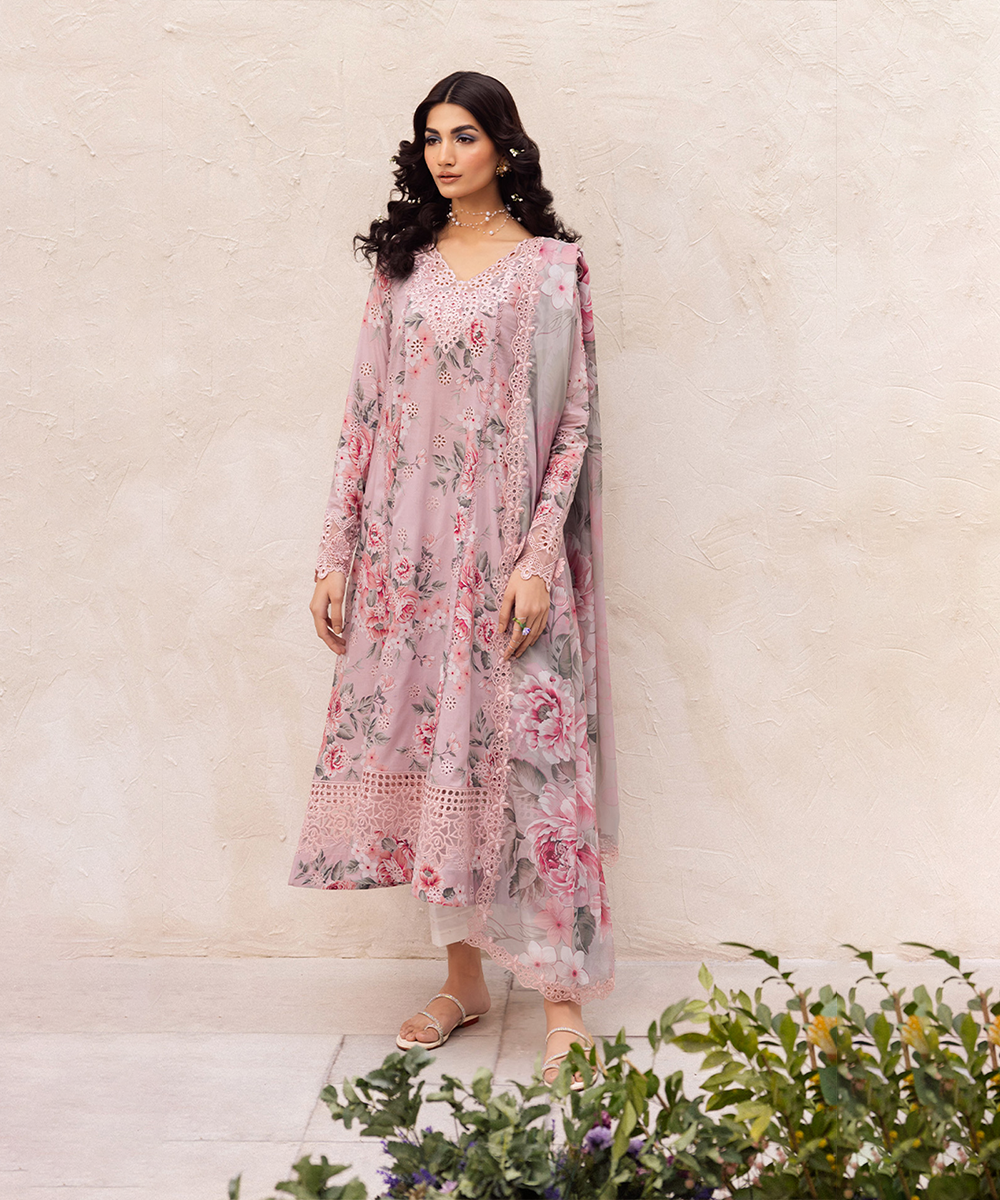 3PC-Printed Lawn Zarri Shirt With Voile Printed Dupatta-1525