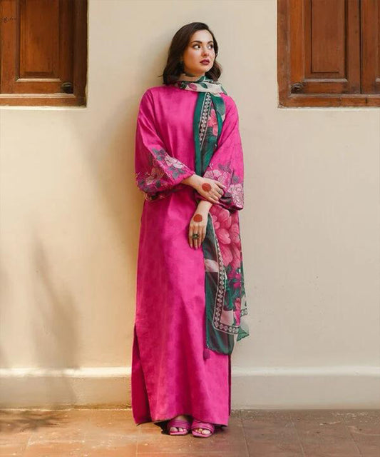 3PC-Printed Lawn Shirt With Voile Printed Dupatta-1541