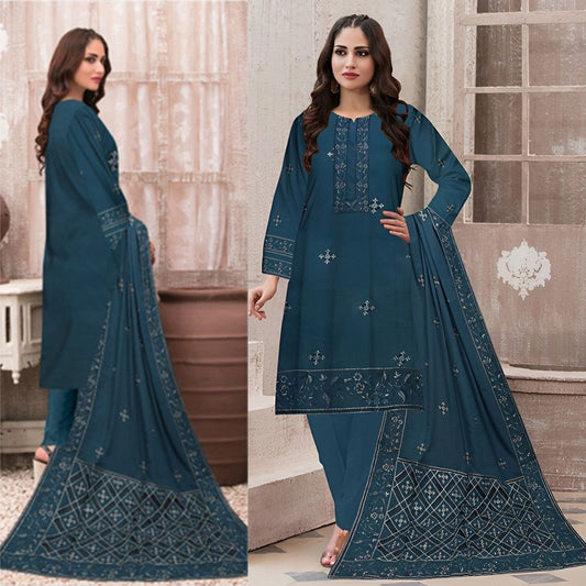 Female Studio Karandi 3PC Embroidered With Lasercut Karandi Shawl Embroidered-2100