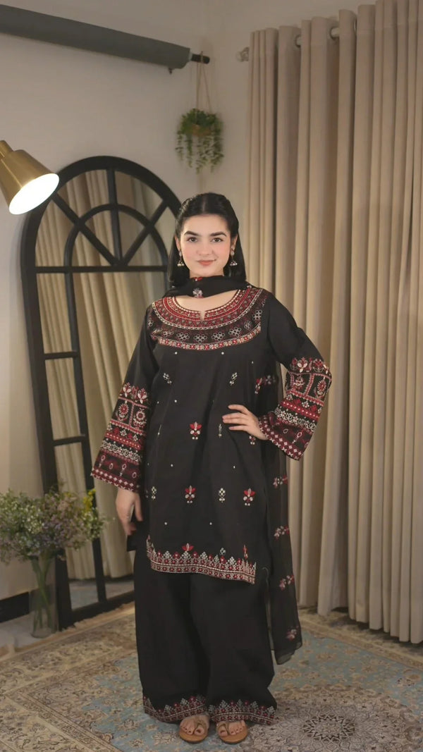 3 Piece Black Premium Lawn Embroidered Shirt & Farshi Shalwar - A918