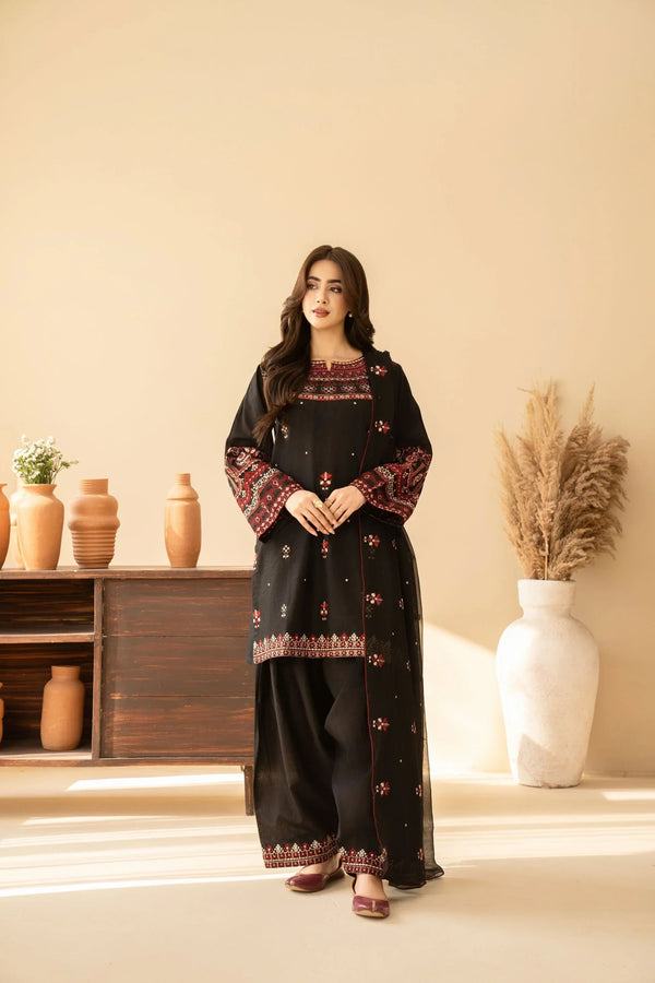 3 Piece Black Premium Lawn Embroidered Shirt & Farshi Shalwar - A918