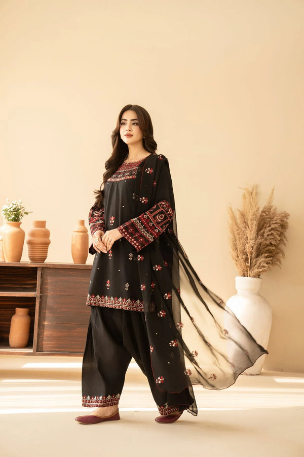 3 Piece Black Premium Lawn Embroidered Shirt & Farshi Shalwar - A918