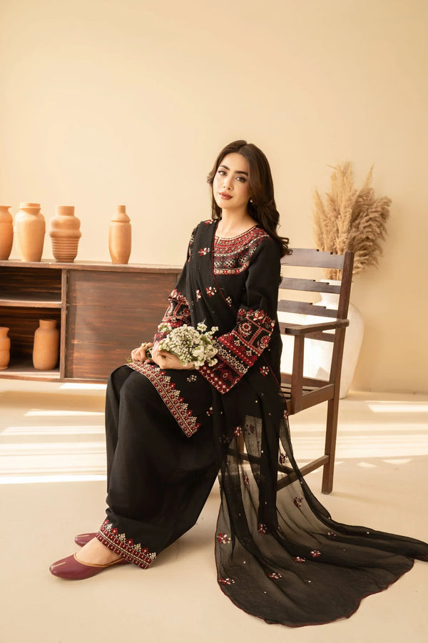3 Piece Black Premium Lawn Embroidered Shirt & Farshi Shalwar - A918