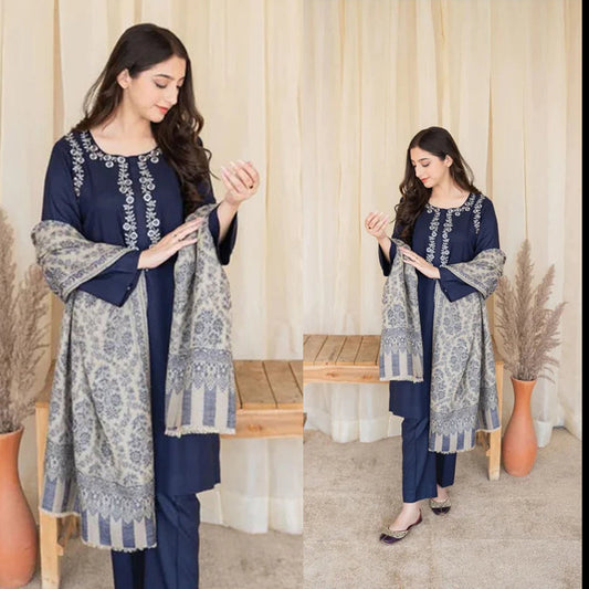 AISLING Dhanak 3PC Embroidered With Digital Printed Wool Shawl-629