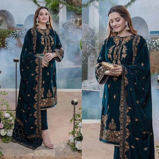 AZURE VELVET 3PC EMBROIDERED WITH VELVET EMBROIDERED DUPATTA-950