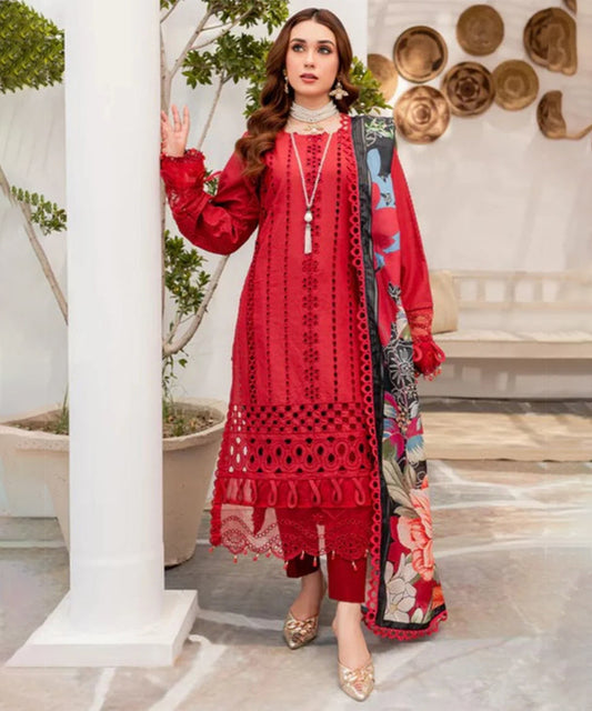 3PC CHIKENKARI Lawn Embroidered With Printed Dupatta-1004