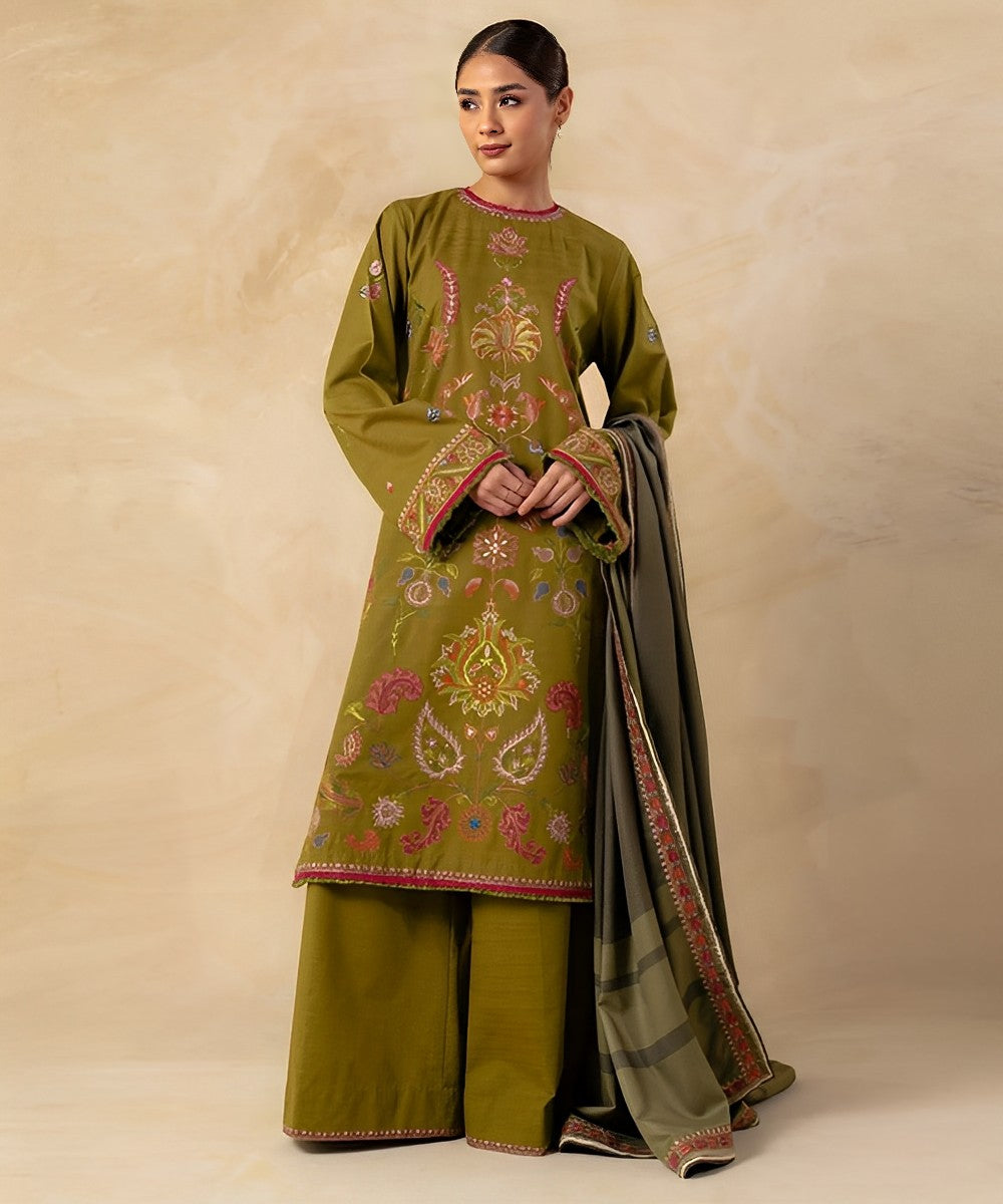 Zara Shahjahan 3PC Embroidered With Digital Printed Wool Shawl-198