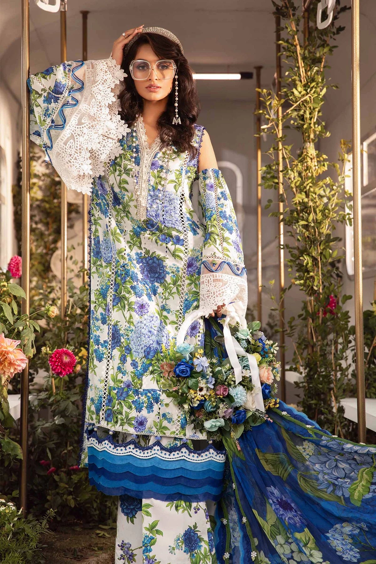 3PC-Printed Lawn Zarri Shirt With Voile Printed Dupatta-1528