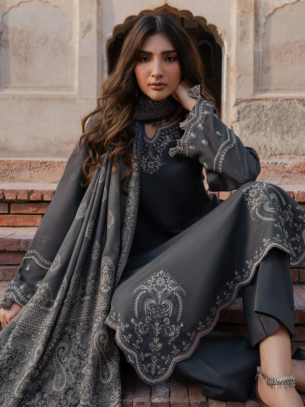 IZEL-3PC DHANAK EMBROIDERED SHIRT WITH WOOL PRINTED SHAWL & TROUSER 736